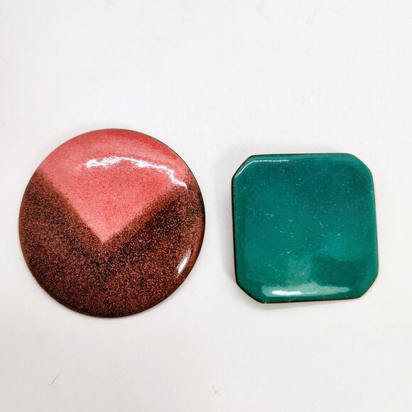 2 Large Copper Enamel Brooch Pins VTG Circle Octagon Shape Modernist MCM + Box - Picture 1 of 5